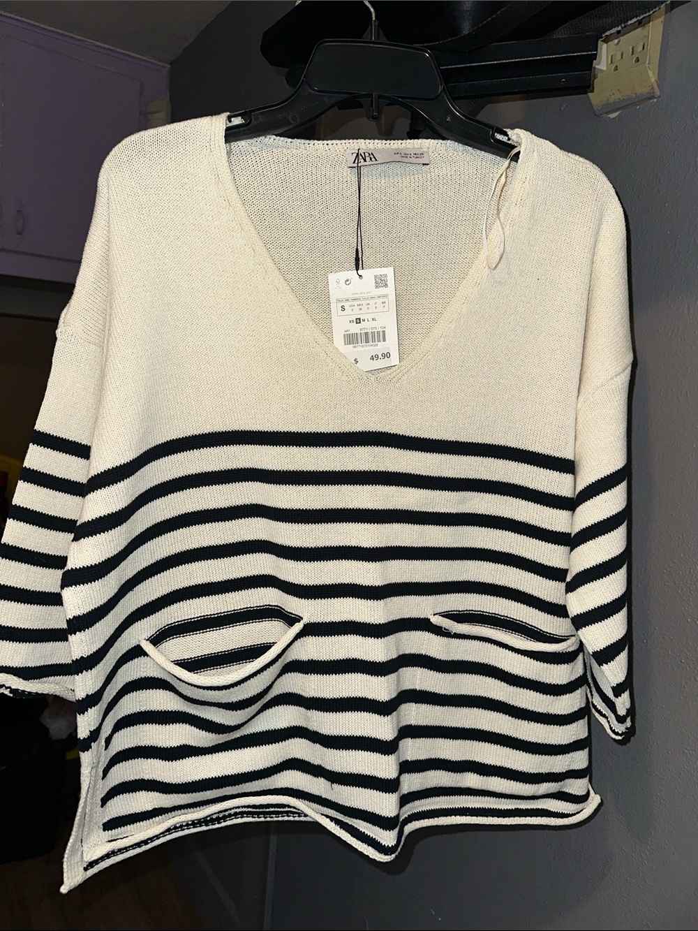 ZARA Cream and Navy Striped V-Neck Pullover with Pockets